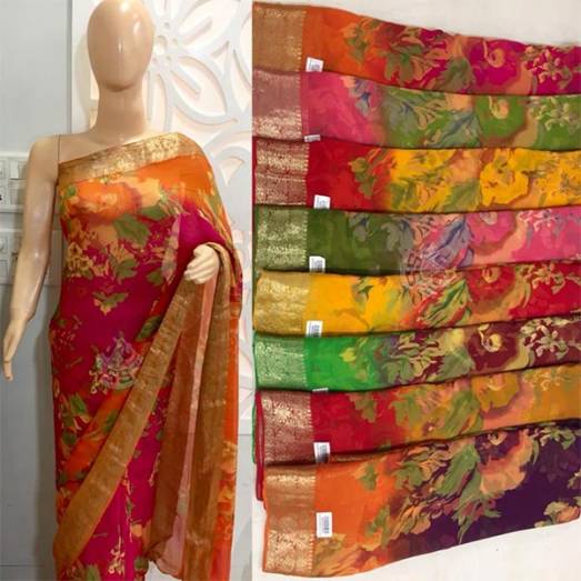 Pure Chiffon Banarasi Border Multi Print Manufacturers, Suppliers, Exporters in Delhi