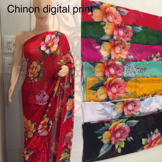 Pure Chinnon Digital Printed Saree  Manufacturers, Suppliers, Exporters in Delhi